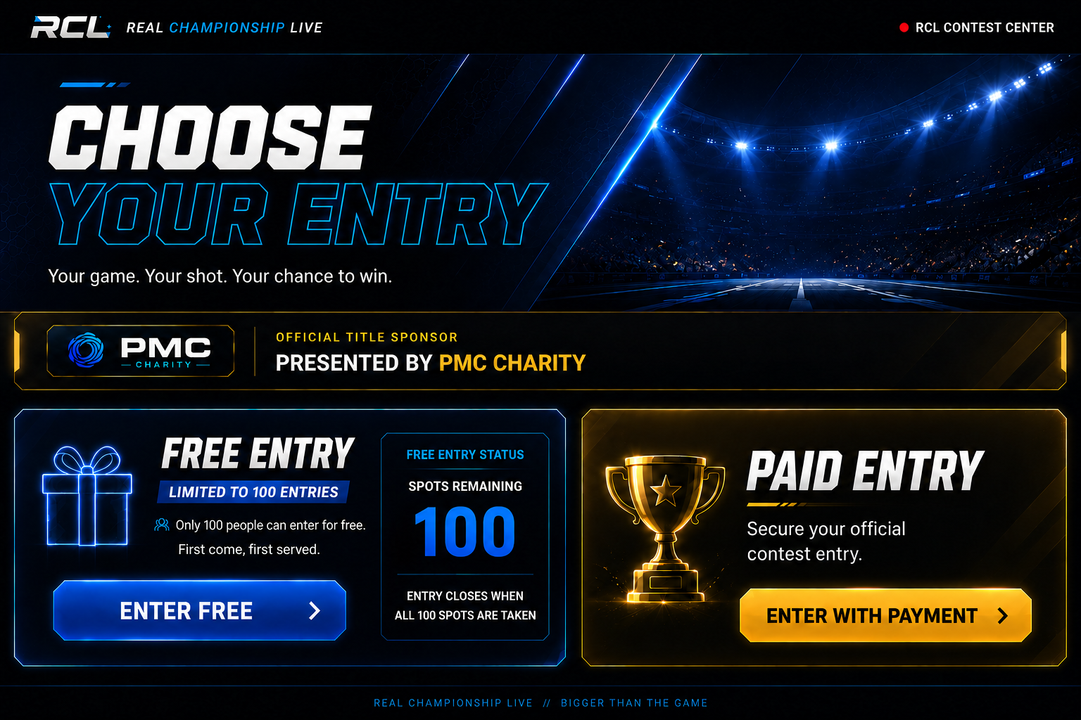 Real Championship Live entry selection with Free Entry and Paid Entry options